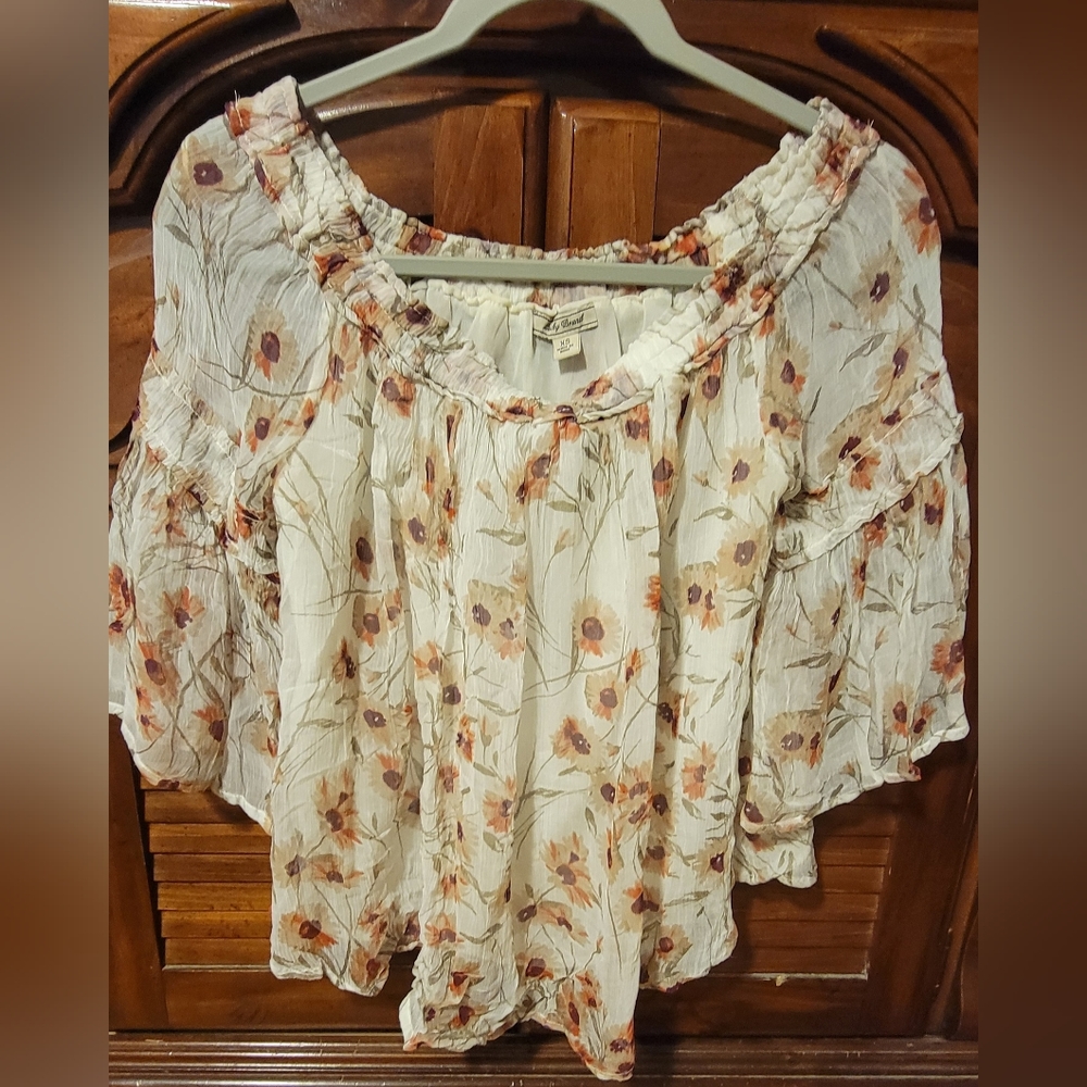 Lucky Brand Sheer Layered Floral Top withFlowing Bell Sleeves, Size XS